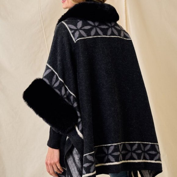 new ON BLUE DESIGNER TRIBAL PONCH JACKET WRAP COAT faux fur hooded STUNNING S-2X - Picture 8 of 9